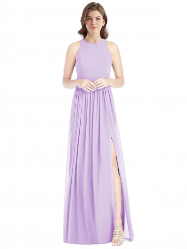Outlet Shirred Skirt Jewel Neck Halter Chiffon Bridesmaid Dress with Front Slit UK