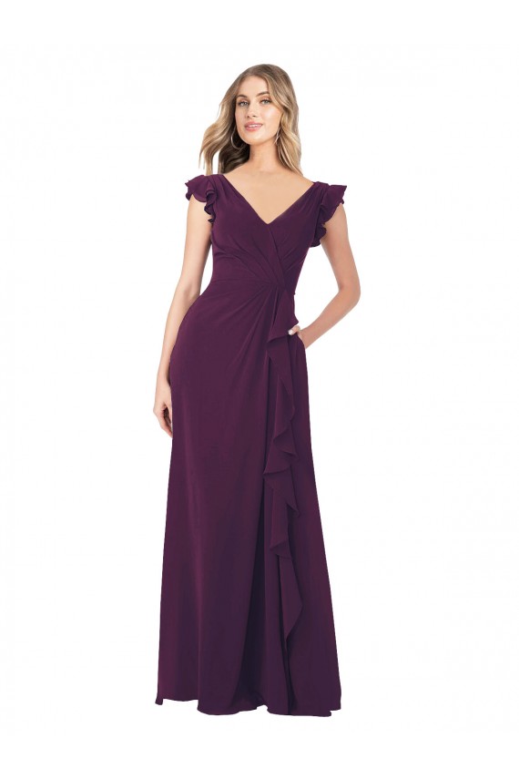 Outlet Ruffle Cap Sleeves Long Chiffon Bridesmaid Dress UK