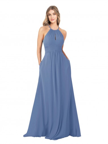 Outlet Draped High Neck Keyhole Back Bridesmaid Dress with Front Slit UK
