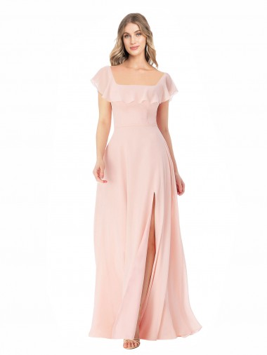 Outlet Flutter Cap Sleeves Square Neck Ruffle Chiffon Bridesmaid Dress UK