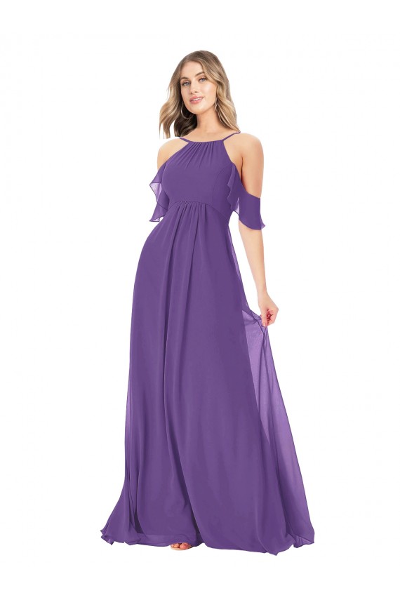Outlet Cold Shoulder Flutter Sleeves Chiffon Bridesmaid Dress UK
