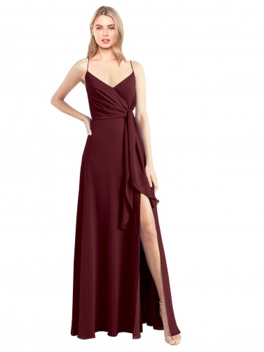 Outlet Spaghetti Straps V-Neck Long Chiffon Bridesmaid Dress with Side Slit UK