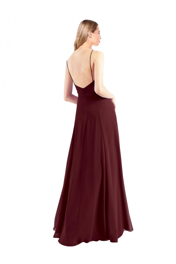 Outlet Spaghetti Straps V-Neck Long Chiffon Bridesmaid Dress with Side Slit UK