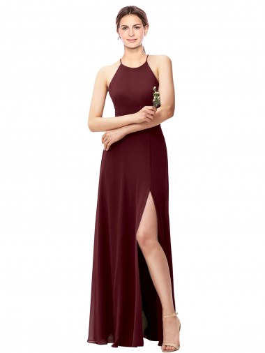 Outlet Slim Long High Halter Neck Chiffon Bridesmaid Dress with High Side Slit UK