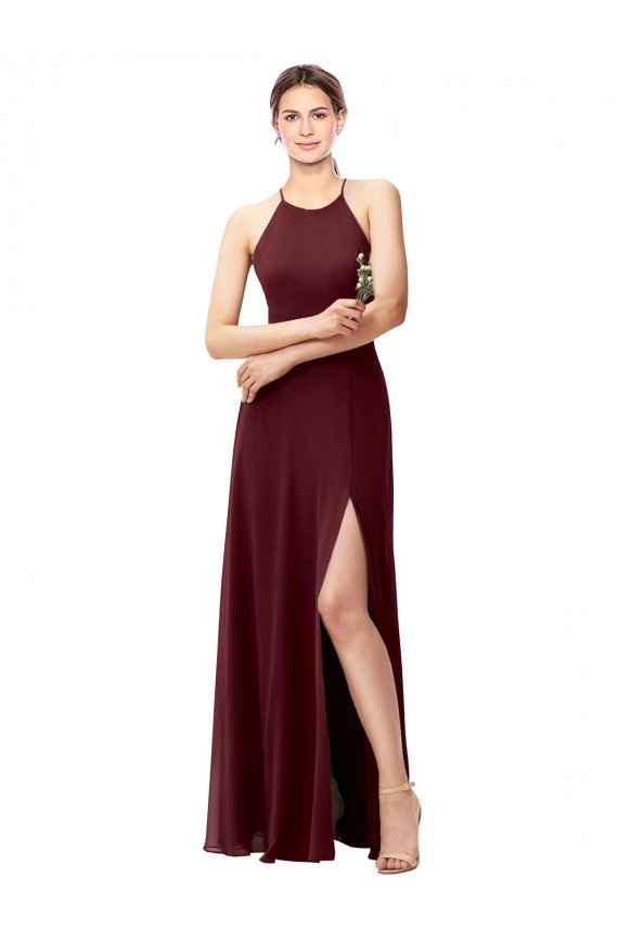 Outlet Slim Long High Halter Neck Chiffon Bridesmaid Dress with High Side Slit UK