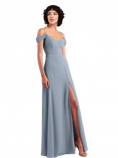 Outlet Off the Shoulder Folded Sleeve Long Chiffon Bridesmaid Dress with High Side Slit UK