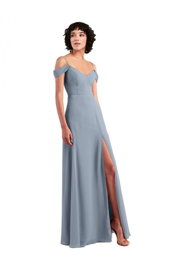 Outlet Off the Shoulder Folded Sleeve Long Chiffon Bridesmaid Dress with High Side Slit UK
