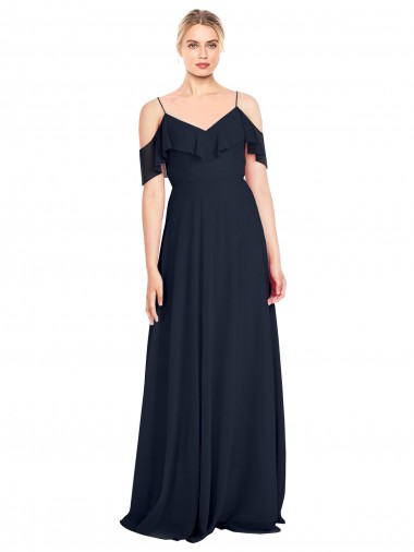Outlet Draped Sleeves Flounce Neckline Long Chiffon Bridesmaid Dress with Spaghetti Straps UK