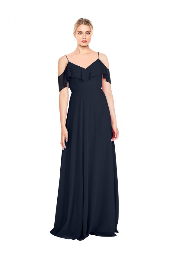 Outlet Draped Sleeves Flounce Neckline Long Chiffon Bridesmaid Dress with Spaghetti Straps UK