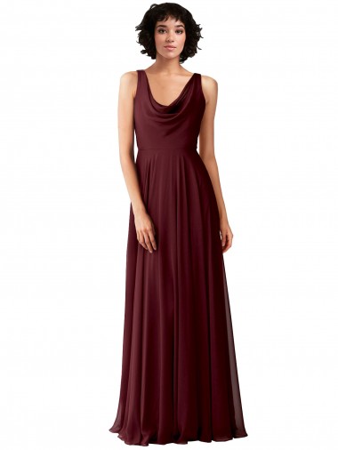 Outlet Draped Cowl Neck Long Chiffon Bridesmaid Dress with Wide Straps UK