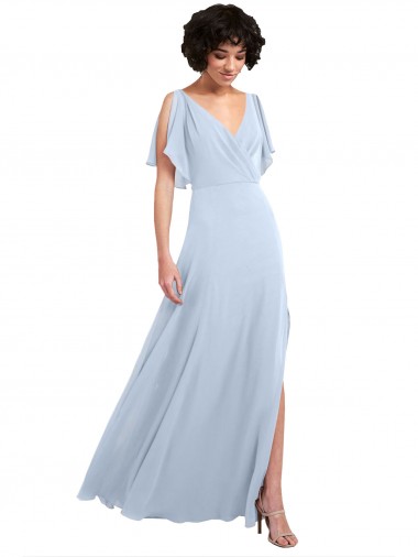 Outlet Split Flutter Sleeves V-Neck Chiffon Bridesmaid Dress with Open V-Back UK