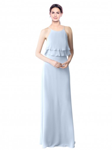 Outlet High Narrow Neck Long Chiffon Bridesmaid Dress with Tiered Ruffles UK