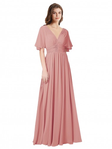Outlet Flutter Sleeves Plunging V-Neck Boho Chiffon Bridesmaid Dress UK