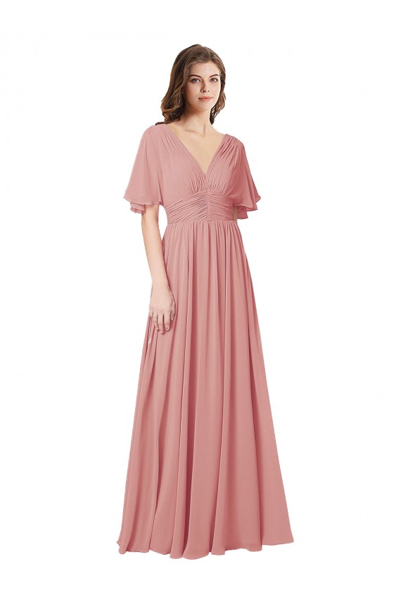 Outlet Flutter Sleeves Plunging V-Neck Boho Chiffon Bridesmaid Dress UK