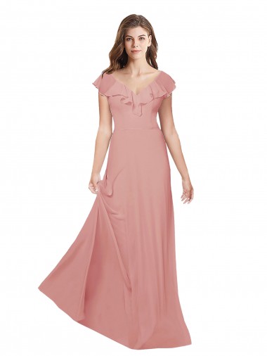 Outlet Flounced V Neckline Flutter Sleeves Chiffon Bridesmaid Dress UK
