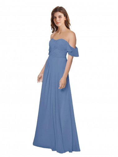 Outlet Flutter Sleeves Scoop Neck Off the Shoulder Long Chiffon Bridesmaid Dress UK