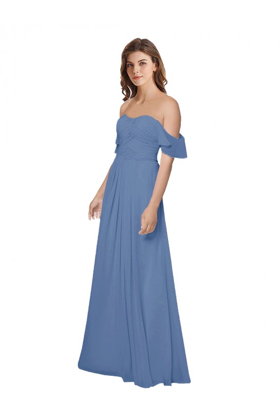 Outlet Flutter Sleeves Scoop Neck Off the Shoulder Long Chiffon Bridesmaid Dress UK