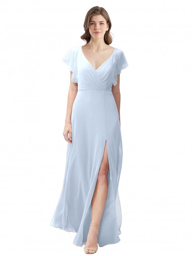 Outlet Flutter Sleeves Long Chiffon Bridesmaid Dress with Daring Open Back and Side Slit UK