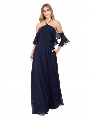 Outlet Halter Neck Cold Shoulder Flutter Sleeves Bridesmaid Dress UK