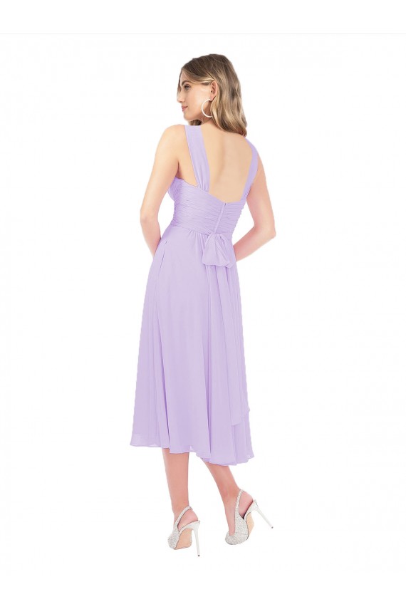 Outlet Draped Midi Length Chiffon Cocktail Bridesmaid Dress with Ruched Bodice UK