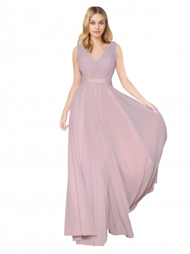 Outlet Draped V-Neck Long Chiffon Bridesmaid Dress / Formal Prom Dress with Shirred Bodice UK