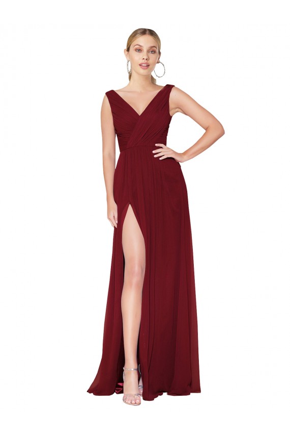 Outlet Draped Mermaid Long V-Neck Chiffon Bridesmaid Dress / Formal Prom Dress with High Slit UK