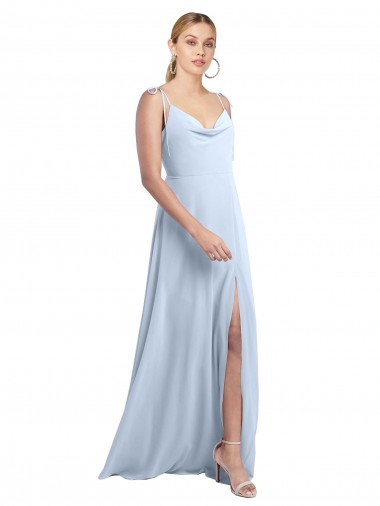 Outlet Draped Cowl Neck Tied Straps Long Chiffon Bridesmaid Dress with Slit UK