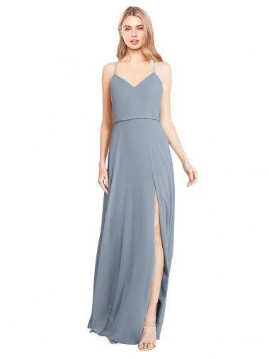 Outlet Spaghetti Straps V-Neckline Long Chiffon Bridesmaid Dress with High Slit UK