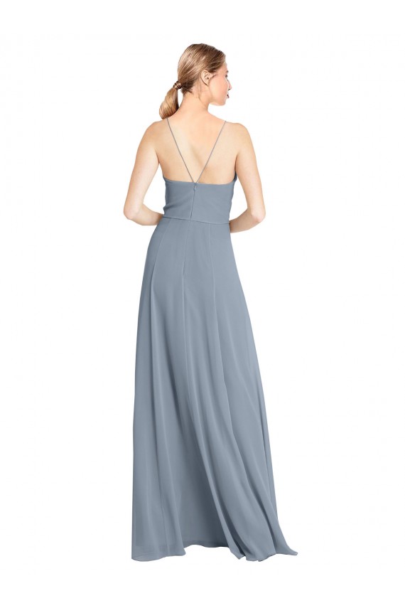 Outlet Spaghetti Straps V-Neckline Long Chiffon Bridesmaid Dress with High Slit UK