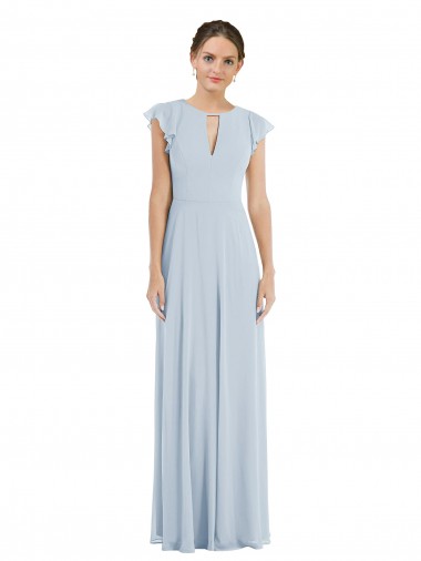 Outlet Flutter Sleeve V Keyhole Chiffon Maxi Formal Bridesmaid Dress UK