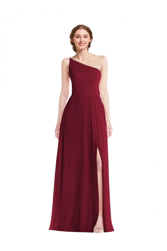 Outlet One Shoulder Chiffon Maxi Bridesmaid Dress with Shirred Front Slit UK