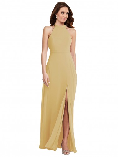 Outlet Stand Collar Halter Maxi Bridesmaid Dress with Criss Cross Open Back UK