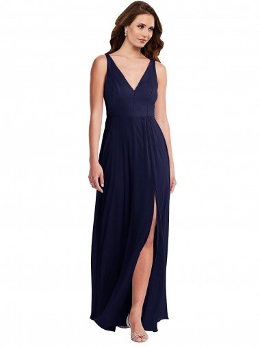 Outlet Deep V-Neck Chiffon Maxi Bridesmaid Dress with Front Slit UK