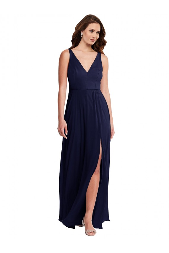 Outlet Deep V-Neck Chiffon Maxi Bridesmaid Dress with Front Slit UK