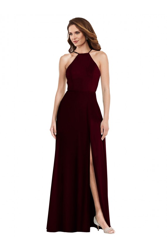 Outlet Halter Spaghetti Straps Maxi Bridesmaid Dress with Front Slit UK