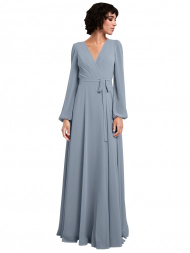 Outlet Wrap Style Long Sleeves Chiffon Bridesmaid Dress with Pleated Bodice UK