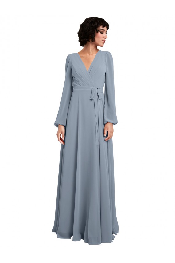 Outlet Wrap Style Long Sleeves Chiffon Bridesmaid Dress with Pleated Bodice UK