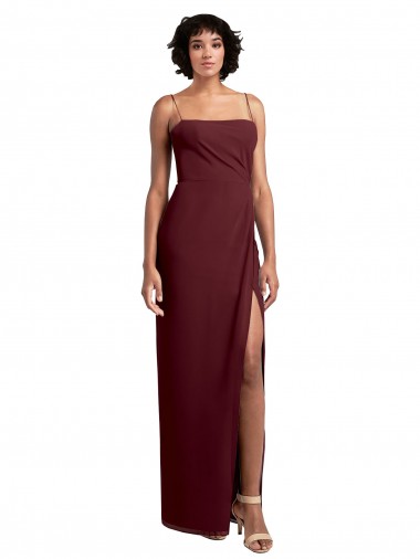 Outlet Sleek Straight Neckline Chiffon Bridesmaid Dress with Spaghetti Straps and High Side Slit UK