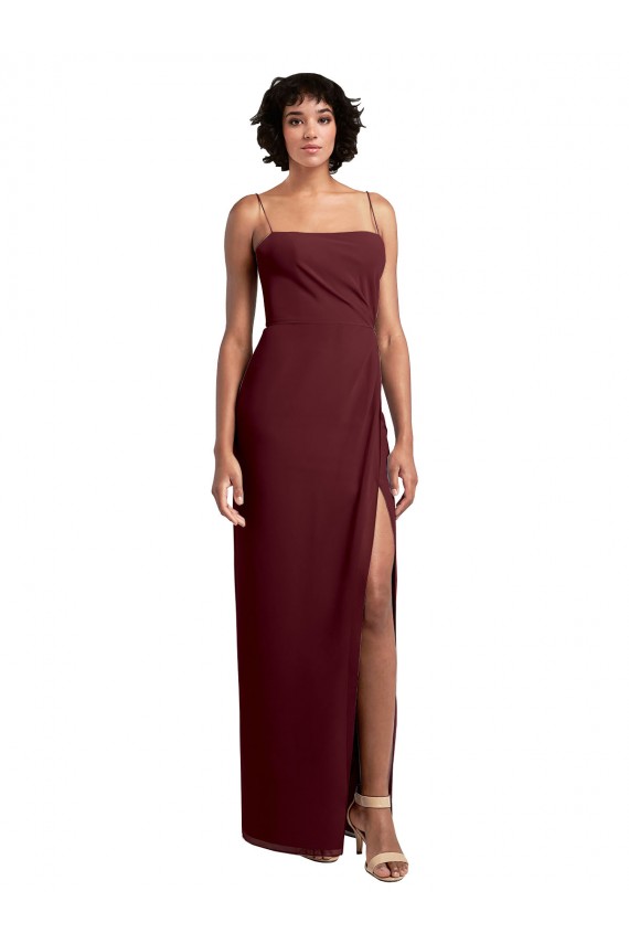 Outlet Sleek Straight Neckline Chiffon Bridesmaid Dress with Spaghetti Straps and High Side Slit UK