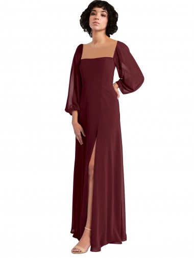 Outlet Sheer Long Sleeves Chiffon Bridesmaid Dress with High Slit UK
