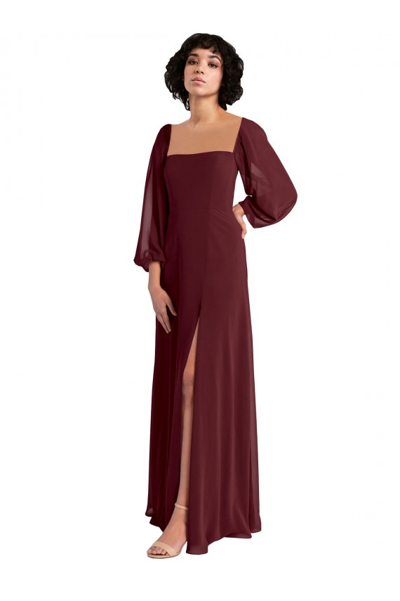 Outlet Sheer Long Sleeves Chiffon Bridesmaid Dress with High Slit UK