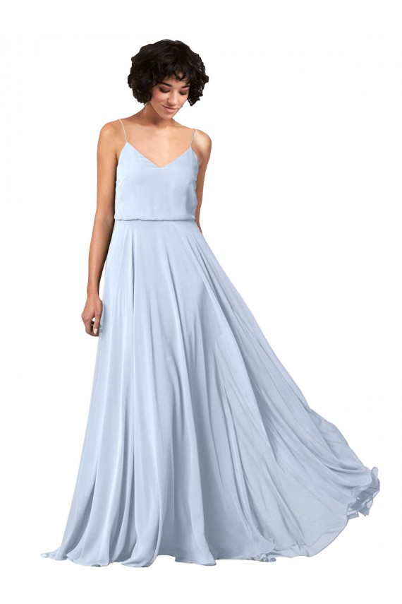 Outlet V-Neck Blouson Waist Long Chiffon Bridesmaid Dress with Straps UK