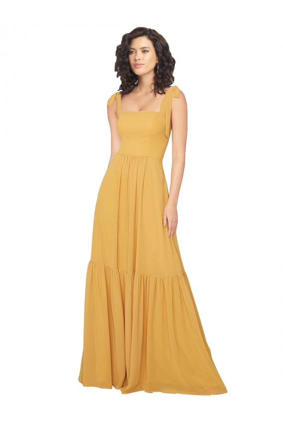 Outlet Tied Strap Square Neck Long Chiffon Bridesmaid Dress UK