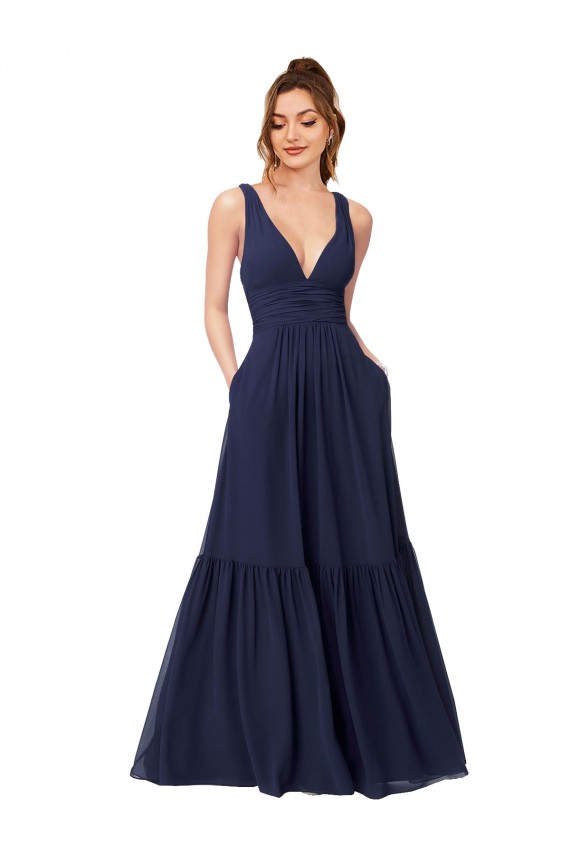 Outlet Floor Length Deep V-Neck Ruched Chiffon Long Bridesmaid Dress UK