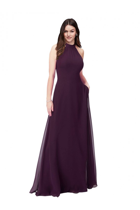 Outlet Chiffon High-Halter Bridesmaids Dress with Keyhole Back UK