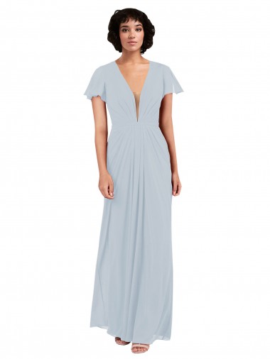 Outlet Deep V-Neckline Chiffon Bridesmaid Dress with Flutter Sleeves UK