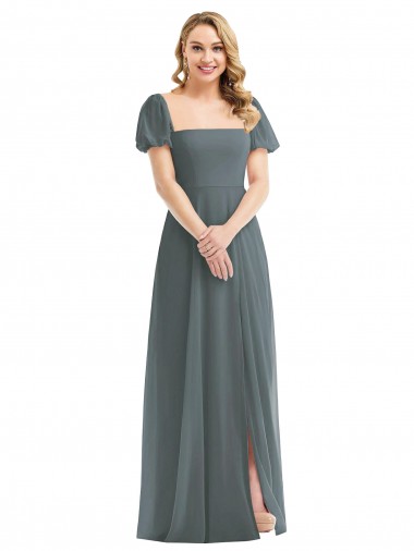 Outlet Puff Sleeves Chiffon Maxi Bridesmaid Dress with Front Slit UK