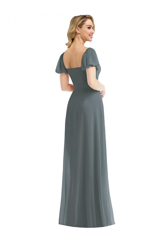 Outlet Puff Sleeves Chiffon Maxi Bridesmaid Dress with Front Slit UK