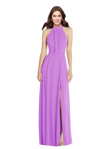 Outlet Halter Backless Maxi Formal Bridesmaid Dress with Button Ruffle Placket UK