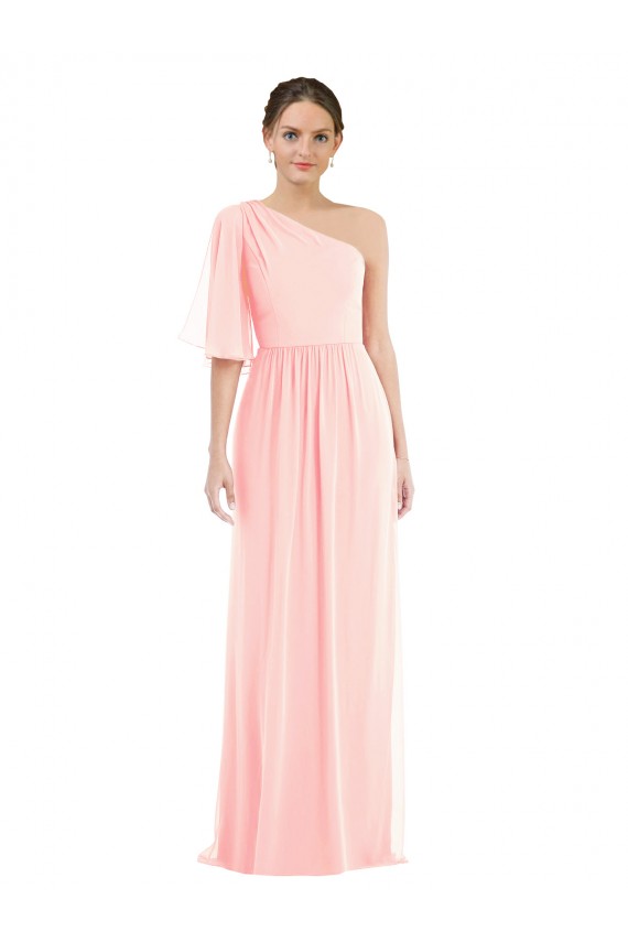 Outlet One Shoulder Bell Sleeves Chiffon Maxi Bridesmaid Dress UK